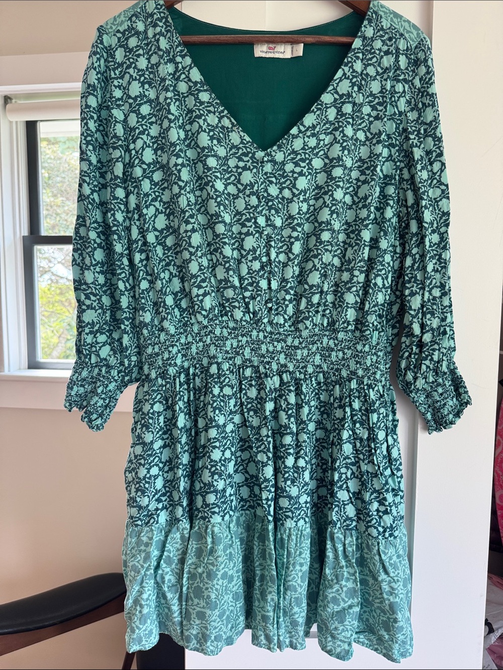 Vineyard Vines Teal Floral Smocked Waist Mini Dress